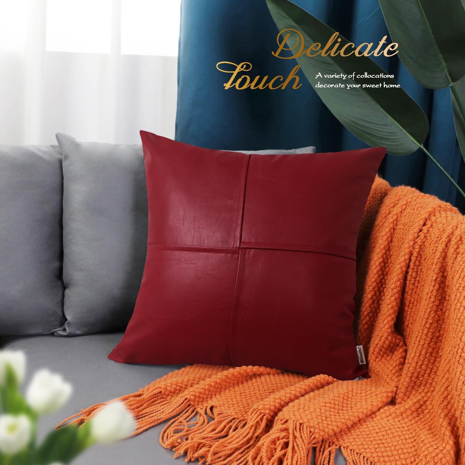 BRAWARM Faux Leather Throw Pillow Covers 22 X 22 Inches, Deep Red Leather Pillow Covers Pack of 2, Hand Stitched Leather Decorative Throw Pillows for Couch Sofa Bed Living Room Home Garden