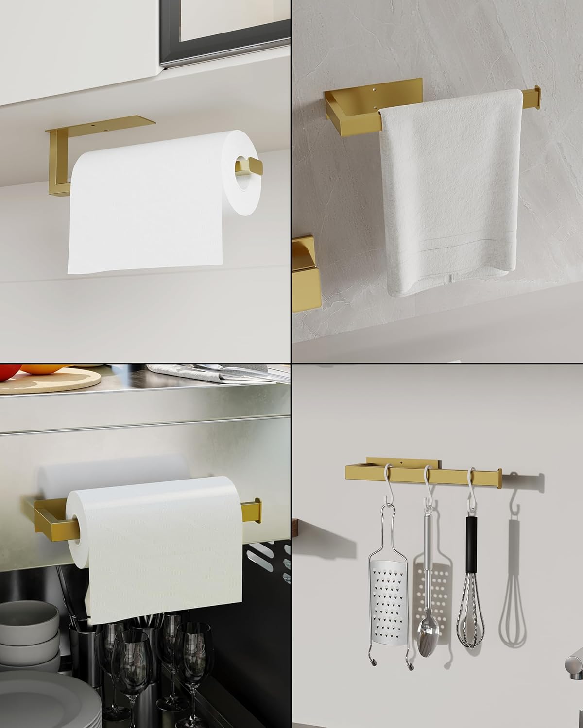 Paper Towel Holder, SUS304 Stainless Steel Under Cabinet Paper Towel Bar, Self Adhesive or Wall Mount, Paper Towel Roll Rack for Kitchen and Bathroom (Brushed Gold)