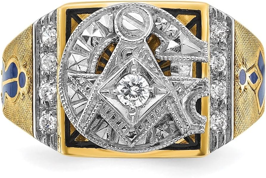 Diamond2Deal 14k Two-tone Gold Polished and Textured with Blue and Black Enamel Diamond Blue Lodge Master Masonic Ring