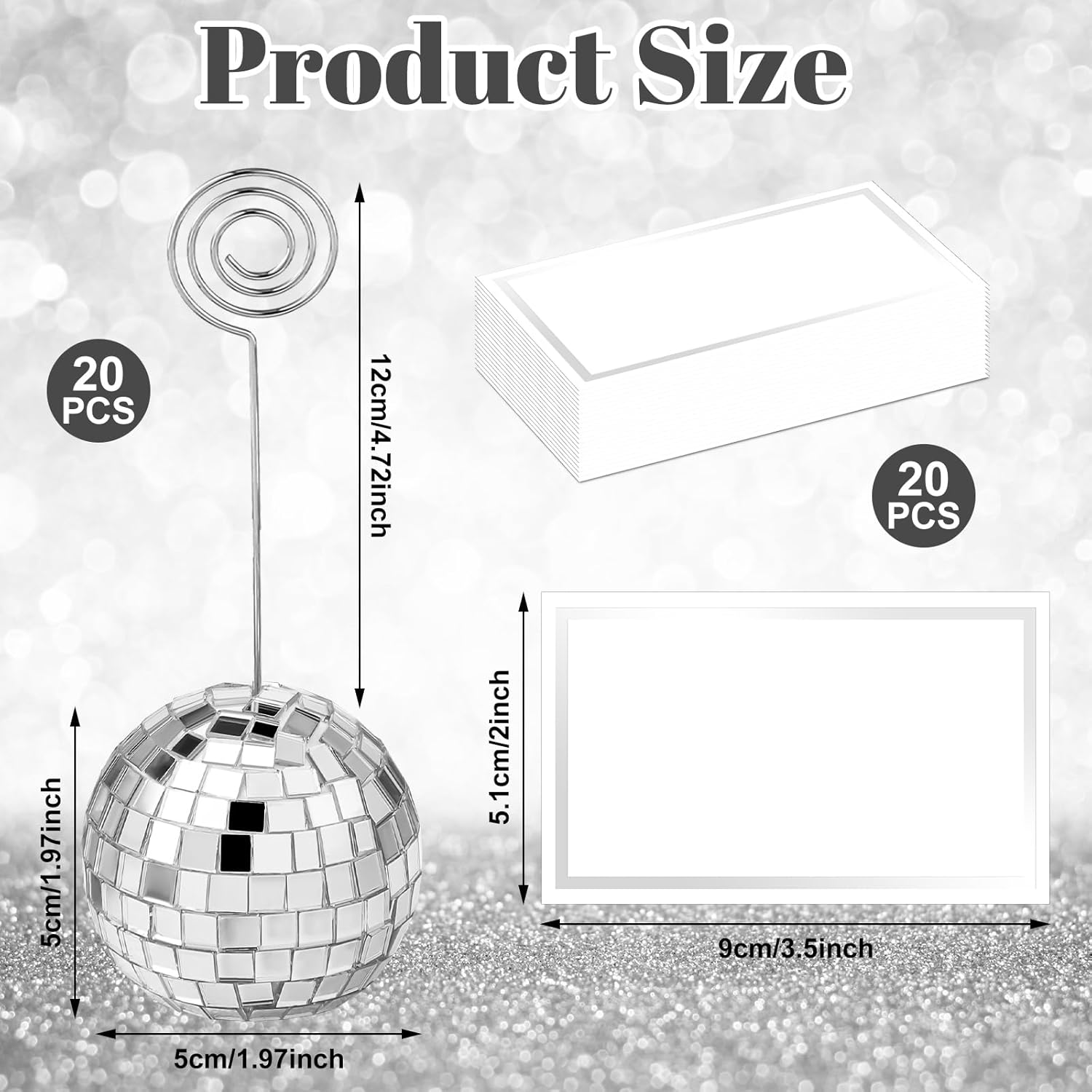 Uiifan 60 Pcs 2 Inch Disco Ball Card Holder Picture Photo Table Number Name Card Silver Place Holders Stands Disco Ball Stands with Swirl Wire for Display Menu Wedding Party Birthday
