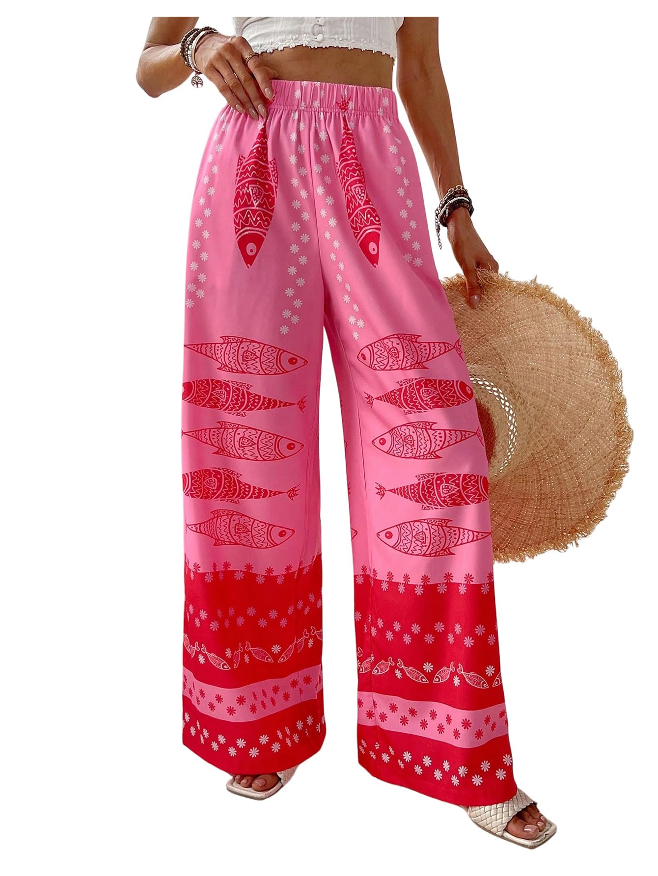 MakeMeChic Womens Floral Wide Leg Pants Beach Vacation High Waist Boho Palazzo Trousers