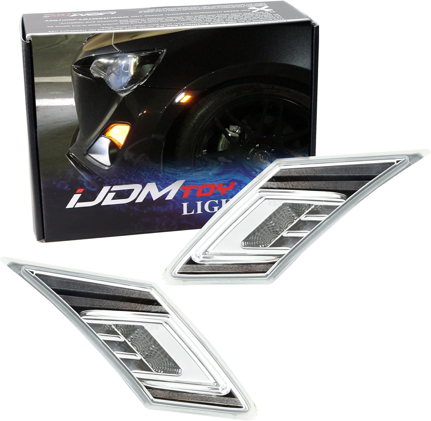 iJDMTOY JDM Chrome/Clear Lens White/Amber Dual Color LED Front Sidemarkers Compatible With 2013-16 Scion FR-S, 2013-21 Subaru BRZ, 2017-21 Toyota 86 (Parking: White LED, Turn Signal: Amber LED)