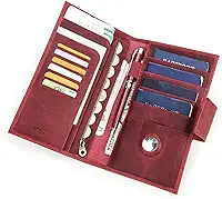 Porta-Passaportes de Couro Legítimo com 4 Slots para Passaportes, Bloqueio RFID, Suporte para Airtag, Carteira de Viagem com 6 Porta Cartões, Porta Moedas e Suporte para Caneta(vermelhão)