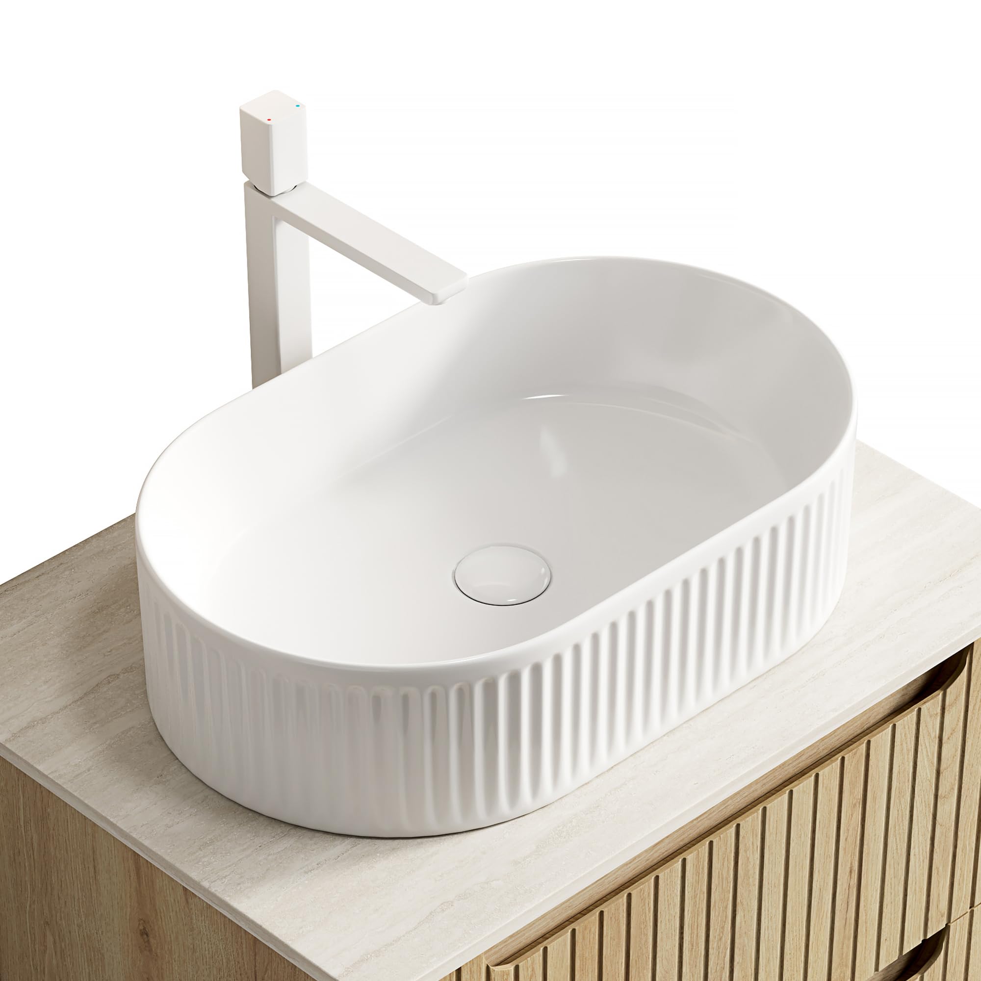 Lavabo ovalado de cerámica, 49 cm, blanco, sin grifo ni desagüe, a rayas, para baño