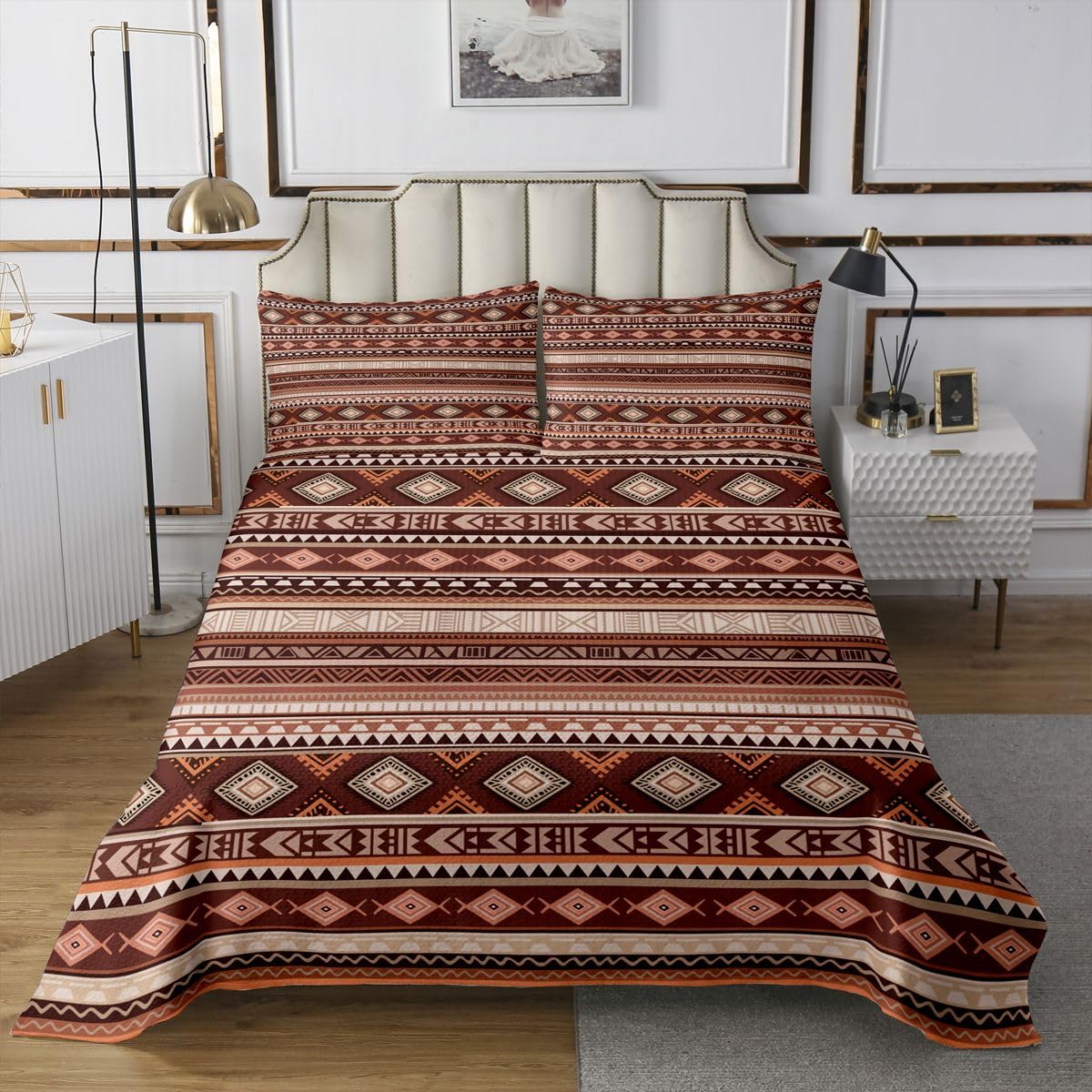 Homewish Boho Südwestlich Bedspread Bauernhaus Azteke Braun Tagesdecke 220x240cm Rustikales Geometrisches Muster Steppdecke für Kinder Westlicher Stammes Aztekenstil Bettüberwurf