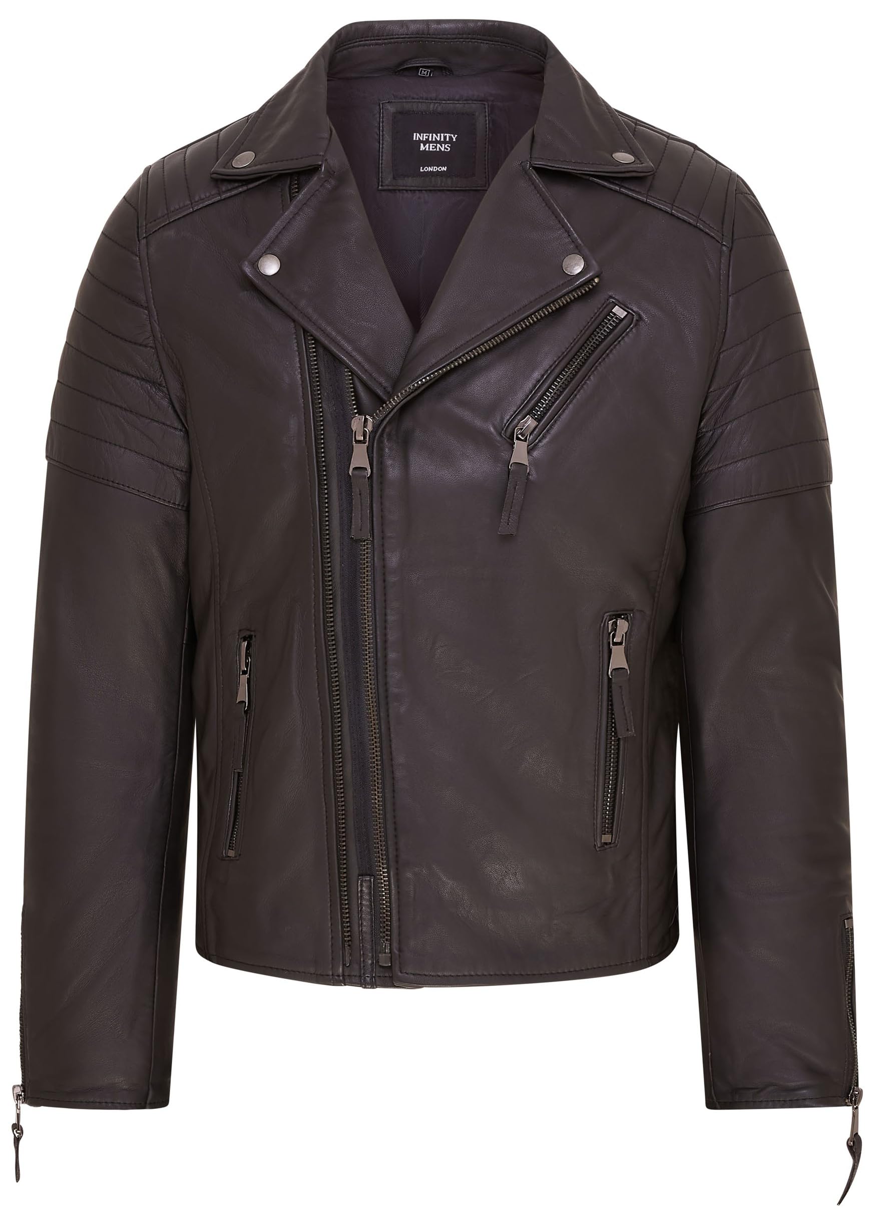 Infinity Leather Chaqueta Motera de Cuero 100% Con Cremallera Cruzada Doble Estilo Brando Entallada Para Hombre