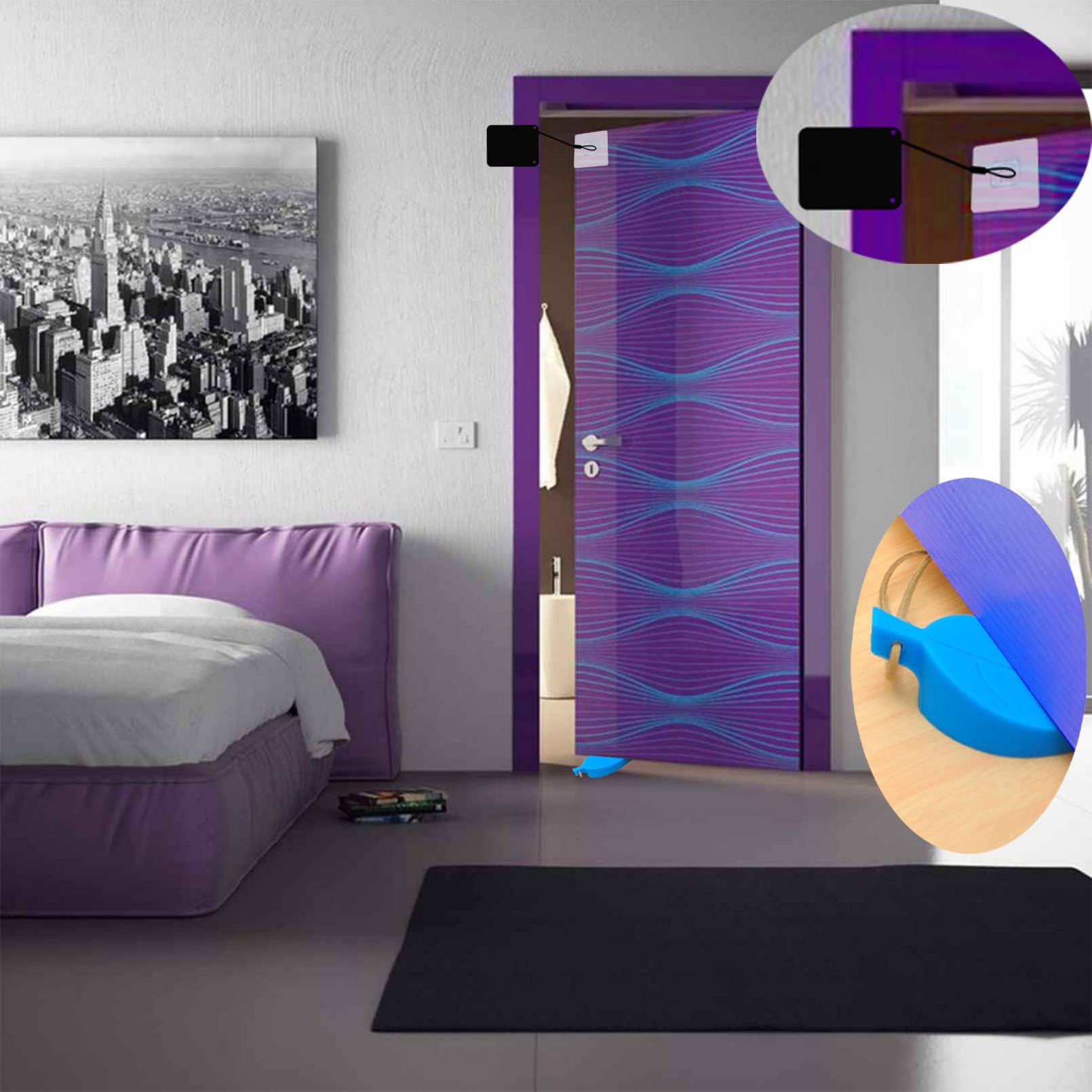 Cierrapuertas Automático con amortiguador, Cierre de Puerta Automático sin Taladrar, Con 1.5m Cuerda de Alambre, para Casa Utilizar Todo Tipo de Puertas Ligero, con 1 Tope de Puerta (Tracción de 800G)
