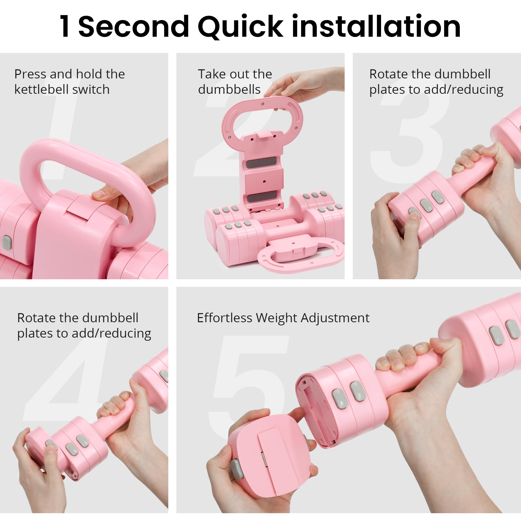 RYGEO Set di manubri regolabili 2 in 1 per donne, kettlebell a 4 livelli (da 1 kg a 5 kg), attrezzature per il fitness a casa