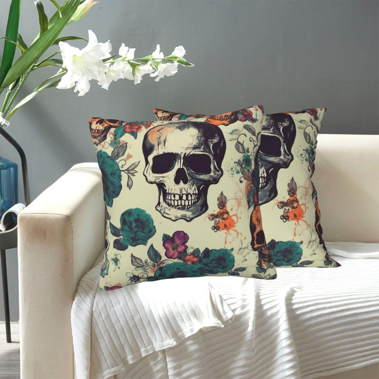 FekiLoot Decorative Throw Pillow Covers Modern Farmhouse Pillowcase Double Sided Cozy Cushion Cover for Sofa Couch Bed 20"X20" Skull Flower
