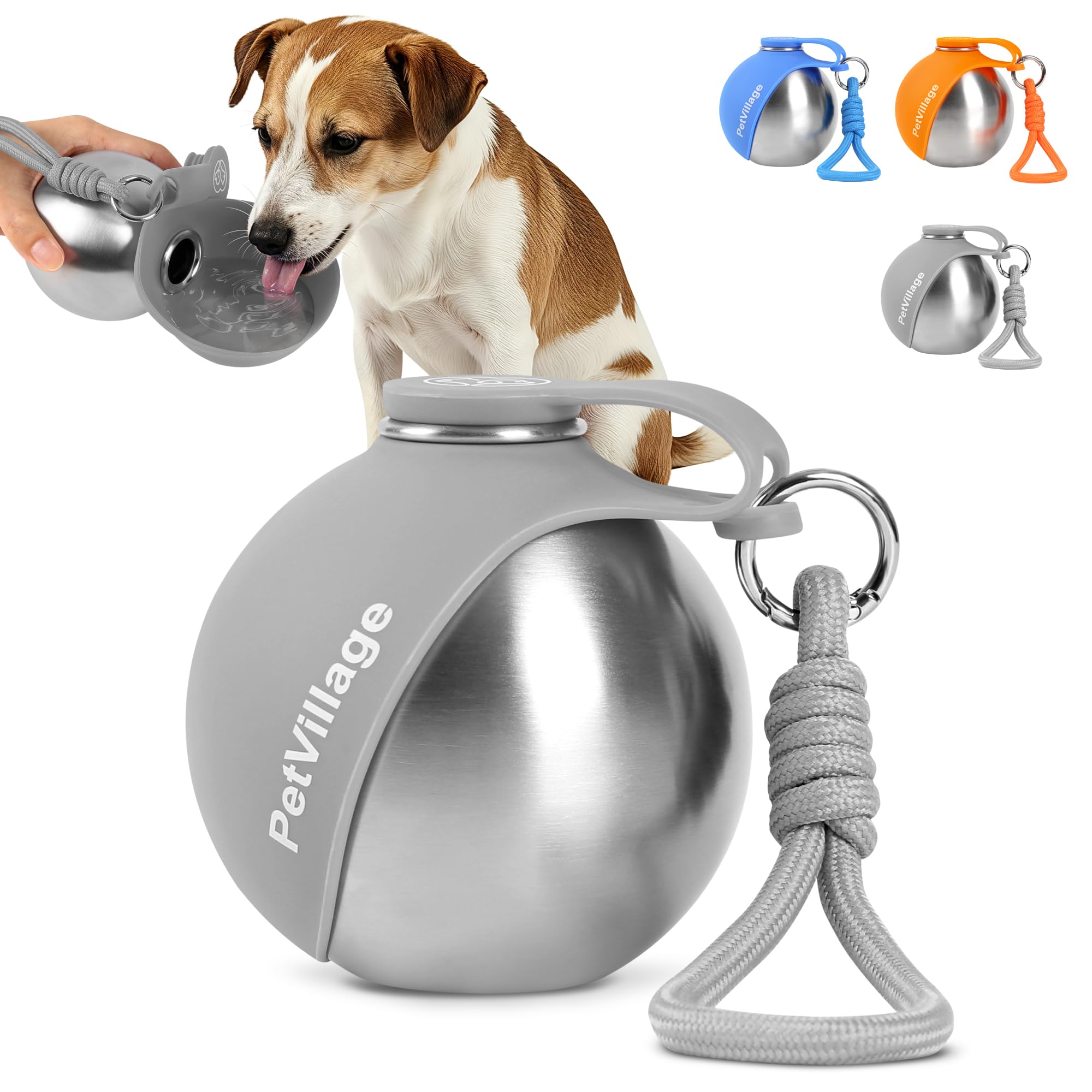 2-in-1 Dog Water Bottle with Foldable Bowl, Portable Leak-Proof Pet Travel Water Dispenser, Stainless Steel Dog Hydration Bottle for Walking, Hiking, Small Dogs &amp; Puppies, Gray 10oz