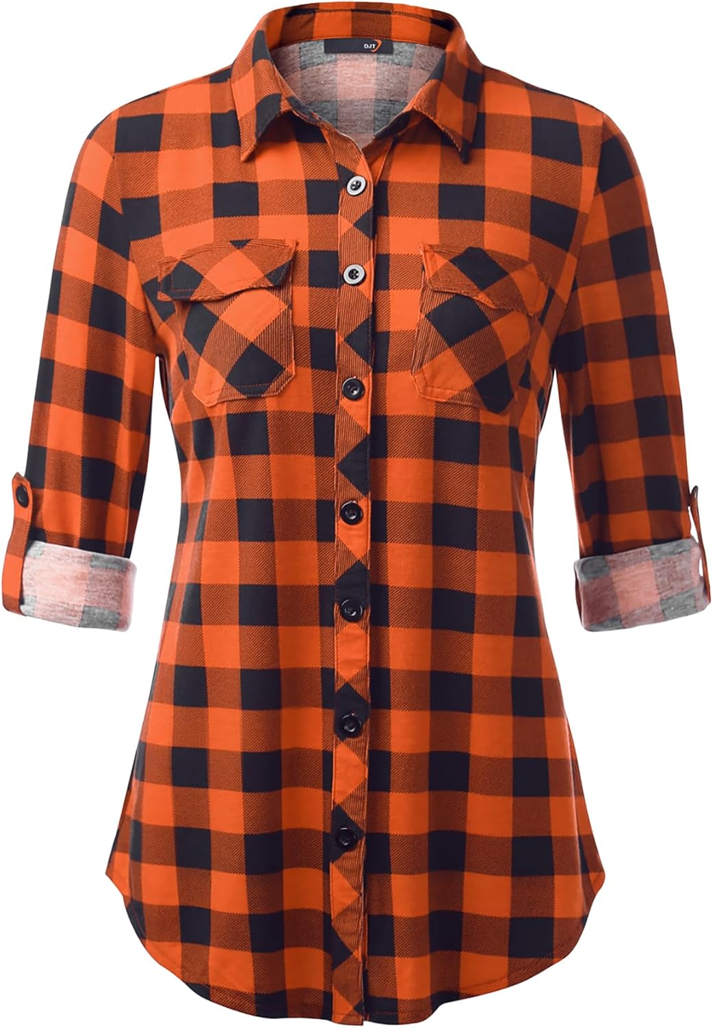DJT Womens Soft Stretchy Knit Plaid Shirts Roll Up Long Sleeve Collared Button Down Blouses Tops
