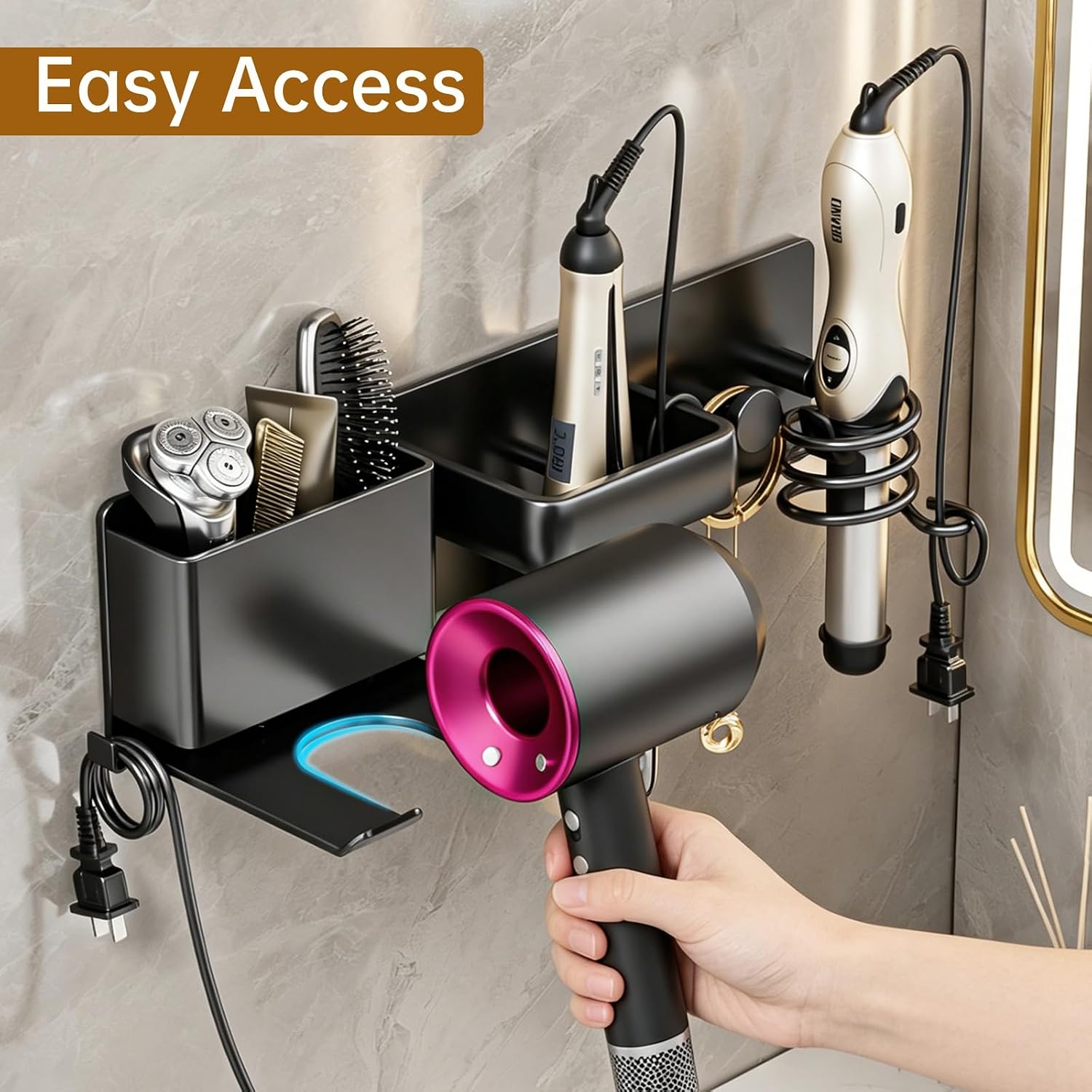 Hair Tool Organizer Wall Mount Hair Dryer Holder 13x5.1x3.5in | Curling iron and flat iron storage, Heavy-duty metal rack for styling tools, Cluttered countertops solution for space saving