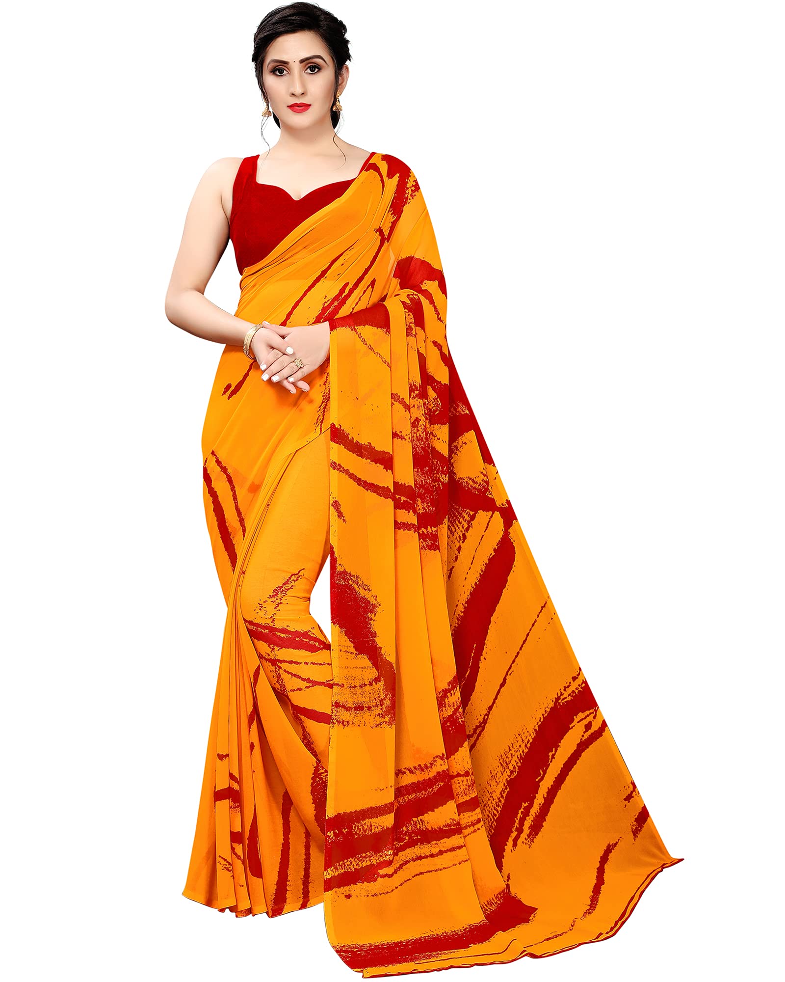 NYRA Abstract Georgette Digital Printed Saree with Blouse Piece (Yellow)_NYR_SIYA-9005