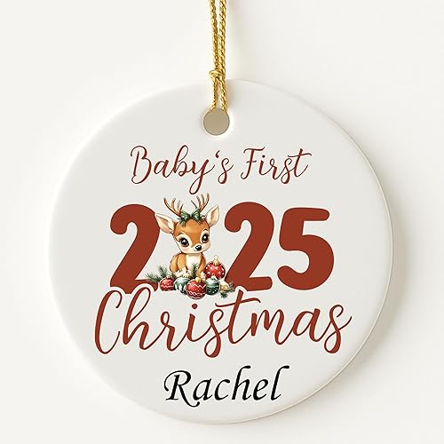 Adorno personalizado para la primera Navidad del bebé, recuerdo redondo de cerámica con nombre personalizado, decoración de árbol de Navidad para