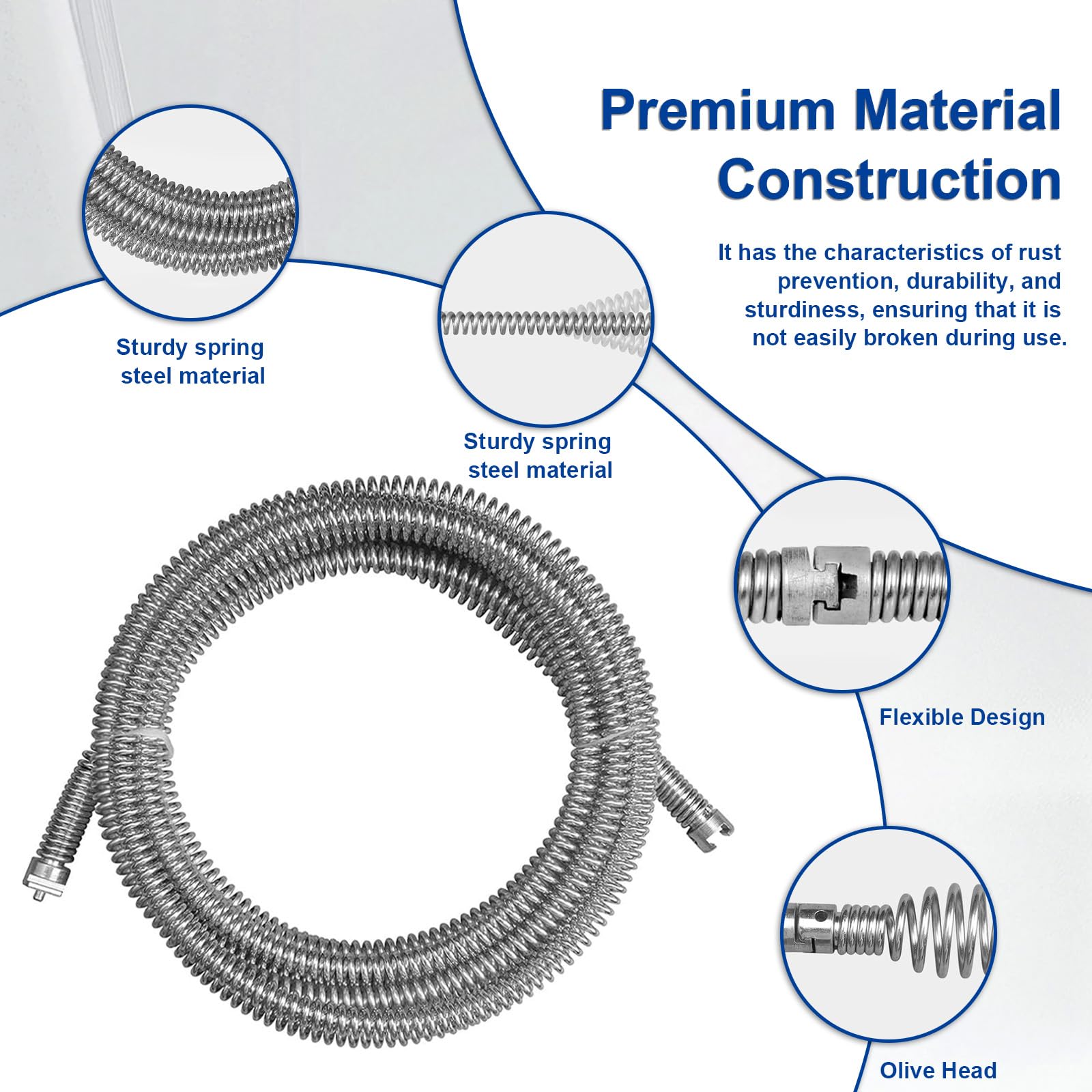 Spirale de nettoyage de canalisations 5 m, diamètre de la spirale 16 mm, déboucheur de canalisation, spirale avec 6 têtes de coupe, utilisable manuellement ou avec entraînement moteur, pour