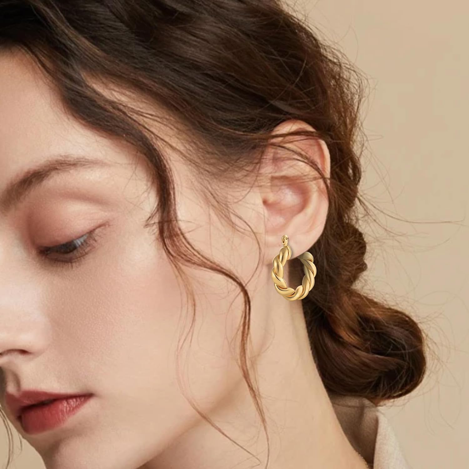 WGOUD 3Pairs 14K Gold Plated Chunky Hoop Earrings Set for Women, Trendy Hoop Earring 925 Sterling Silver Post - Hypoallergenic Thick Lightweight Twisted Hoops Dainty Gold Earrings for Women Jewelry Gifts - Image 8