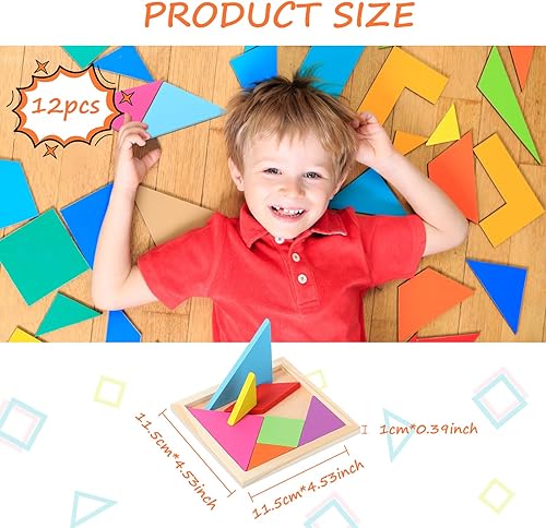 Miniatura 2 de Meooeck Paquete de 12 rompecabezas de madera Tangrams para el aula, rompecabezas con forma de niños, bloques de lógica cerebral para juegos, regalos