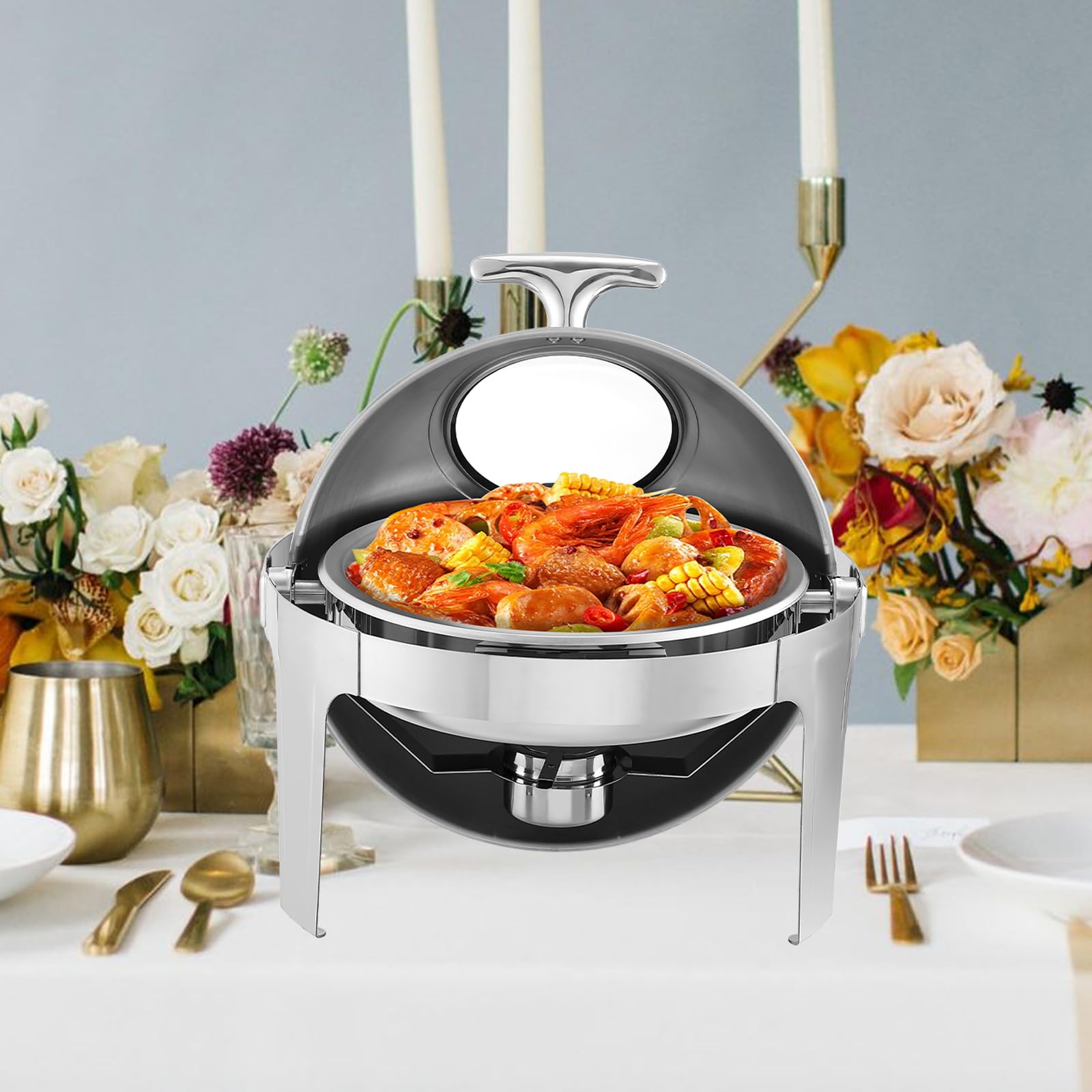 GarveeHome Juego de buffet de platos de frotamiento con tapa enrollable, 6 cuartos de galón de acero inoxidable con tapa de visualización, servidores y calentadores, bandeja de calentamiento para