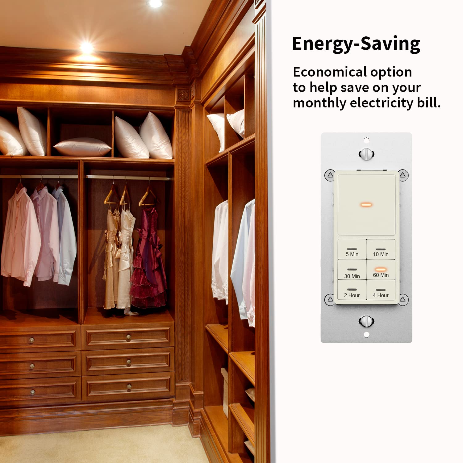 Countdown Timer Switch, 5-10-30-60 Min, 2-4 Hour Timer Switch, Neutral Wire Required, for Bathroom Fans, Heaters, Lights, ETL & FCC Listed, 2 Pack, Light Almond Paddle(MT10N)
