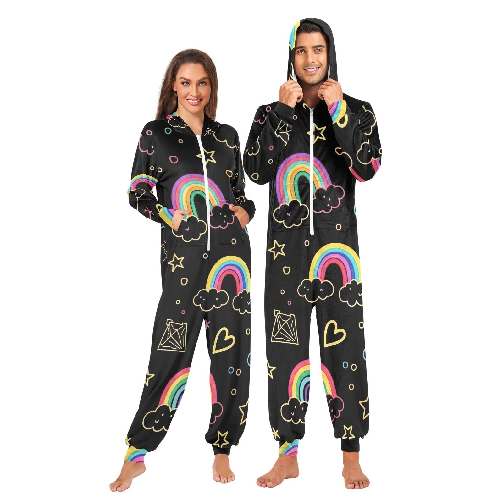Carino Stars Rainbows Nero Adulto Onesie Pigiama, Morbido Pile Natale Tuta, Accogliente Un Pezzo Loungewear
