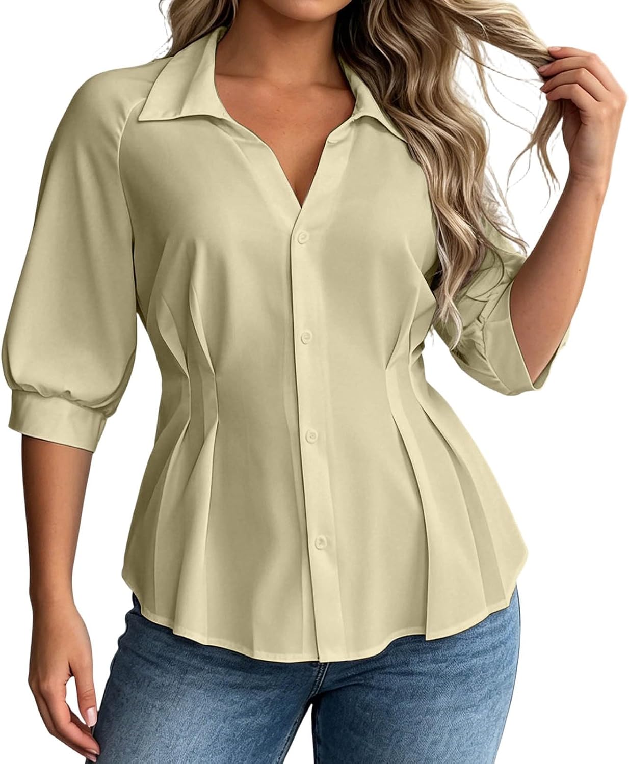 Women's Plus Size Control Peplum Blouse, Casual Fitted Collared, Short Puff Sleeve Button Down Shirt Fitted
