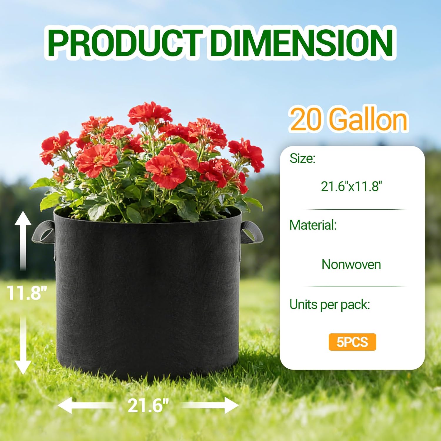 5-Pack 20 Gallon Grow Bags, Thickened Aeration Fabric Pots with Handles, Heavy Duty Plant Bags for Vegetables, Tomatoes, Potatoes, Fruits & Flowers, Reusable Garden Pots for Plants