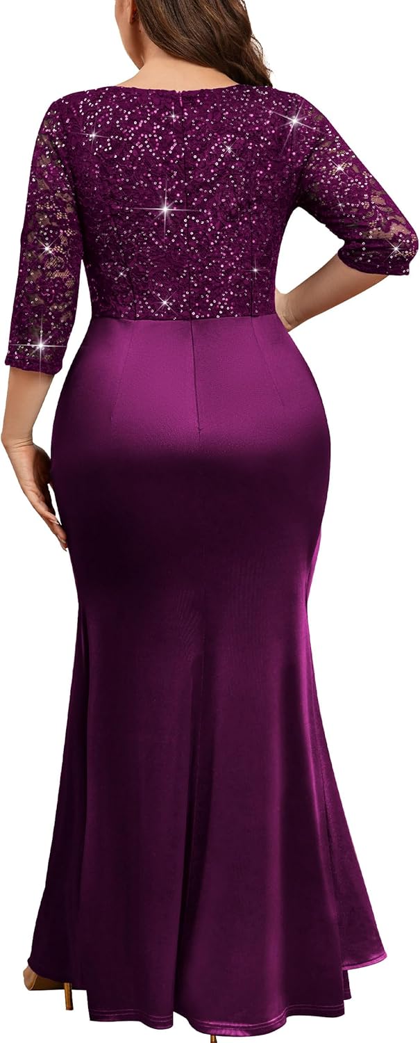 MISSMAY Women's Plus Sequin Lace Satin Ruched Ruffle Mermaid Formal Evening Long Dress - Image 2