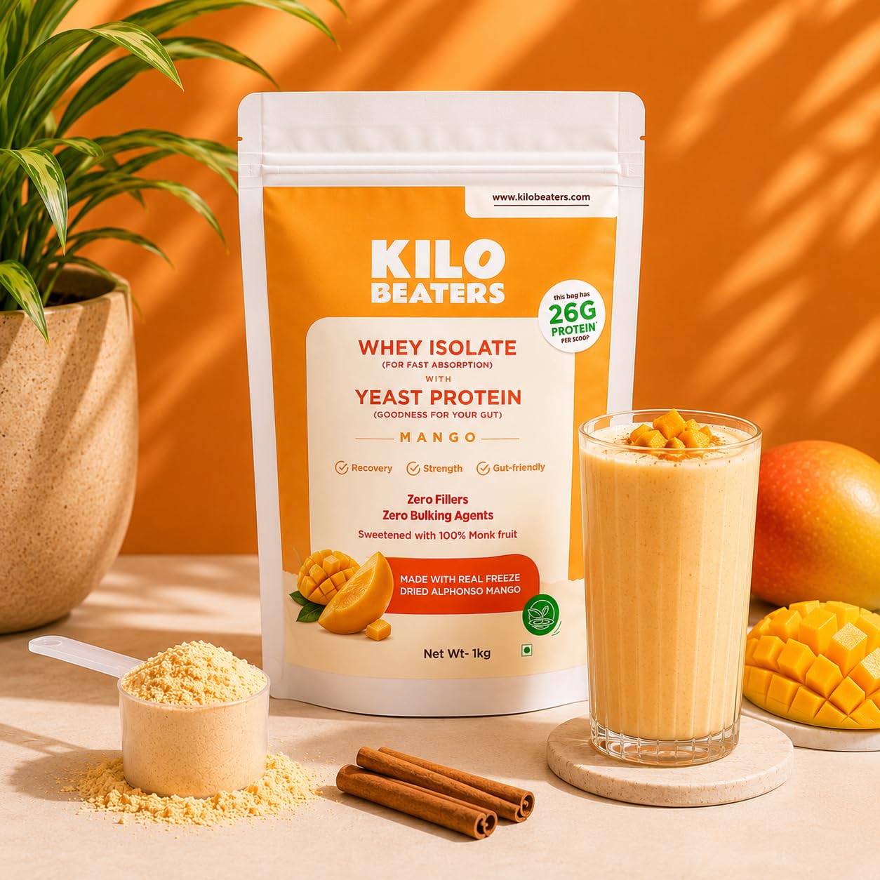 KiloBeaters Whey Protein Isolate Powder with Yeast Protein 1KG Pack | Real Alphonso Mango | 26g Protein Per Scoop | High Protein Supplement for Muscle Recovery & Lean Muscle Support | Gut-Friendly | Zero Fillers | Monk Fruit Sweetened-image-20
