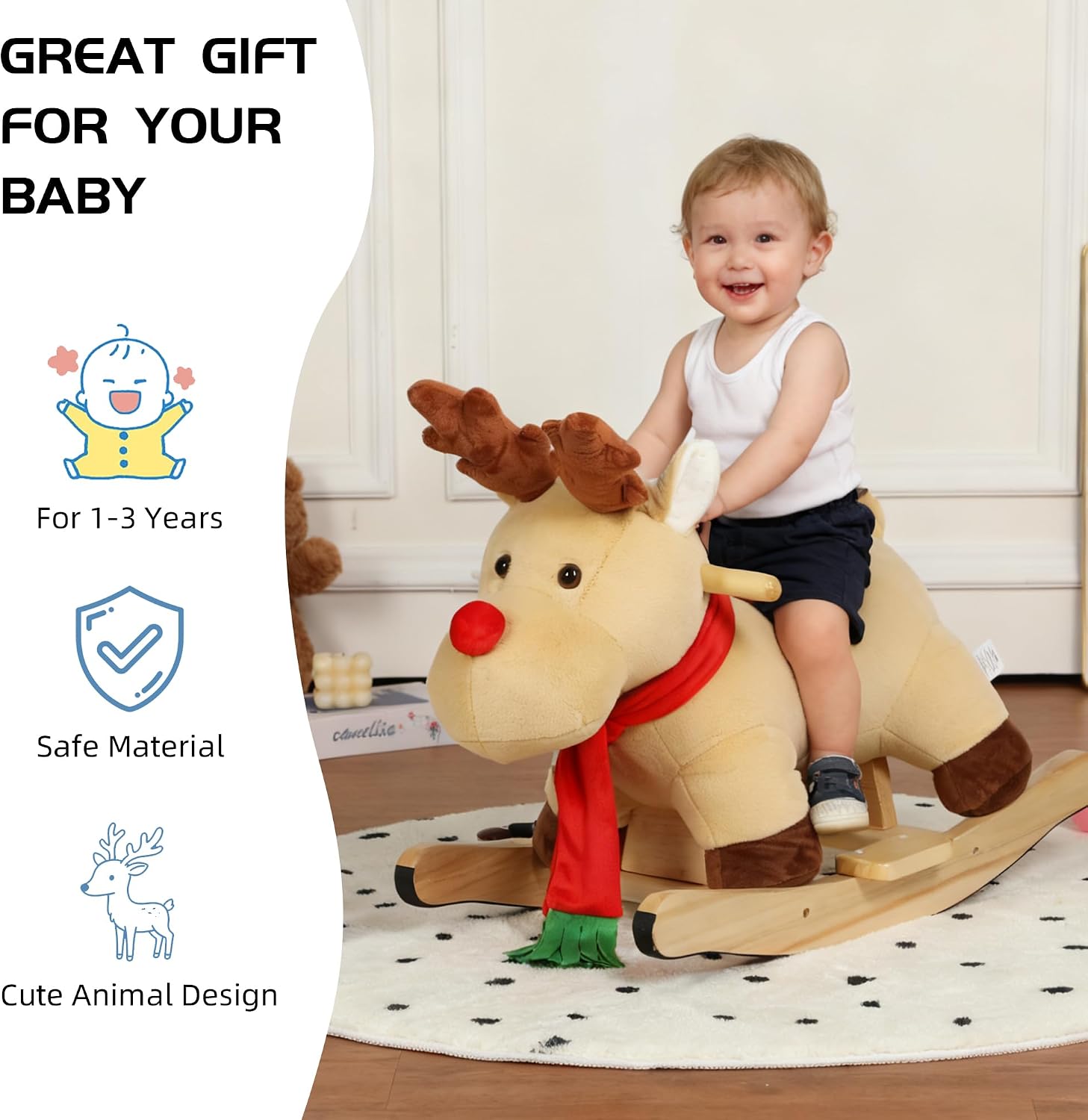 Gecheer Soft Plush Rocking Horse Toy for Toddlers 1-3 Years with Lullaby Sound and Safety Belt CPC Certified