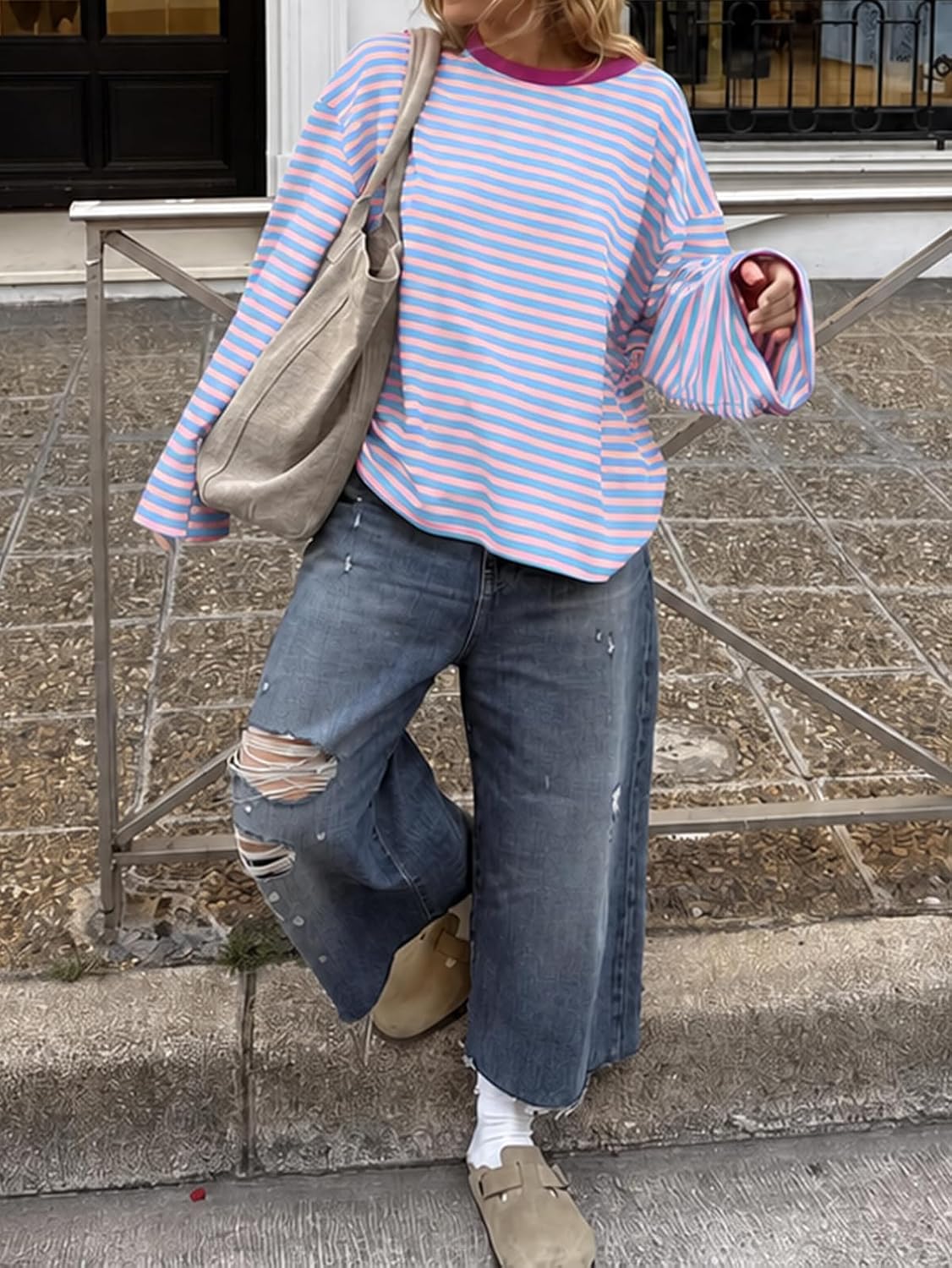 Cicy Bell Womens Striped Long Sleeve Shirts Crew Neck Casual Cotton Tops Loose Fit T Shirts image 5