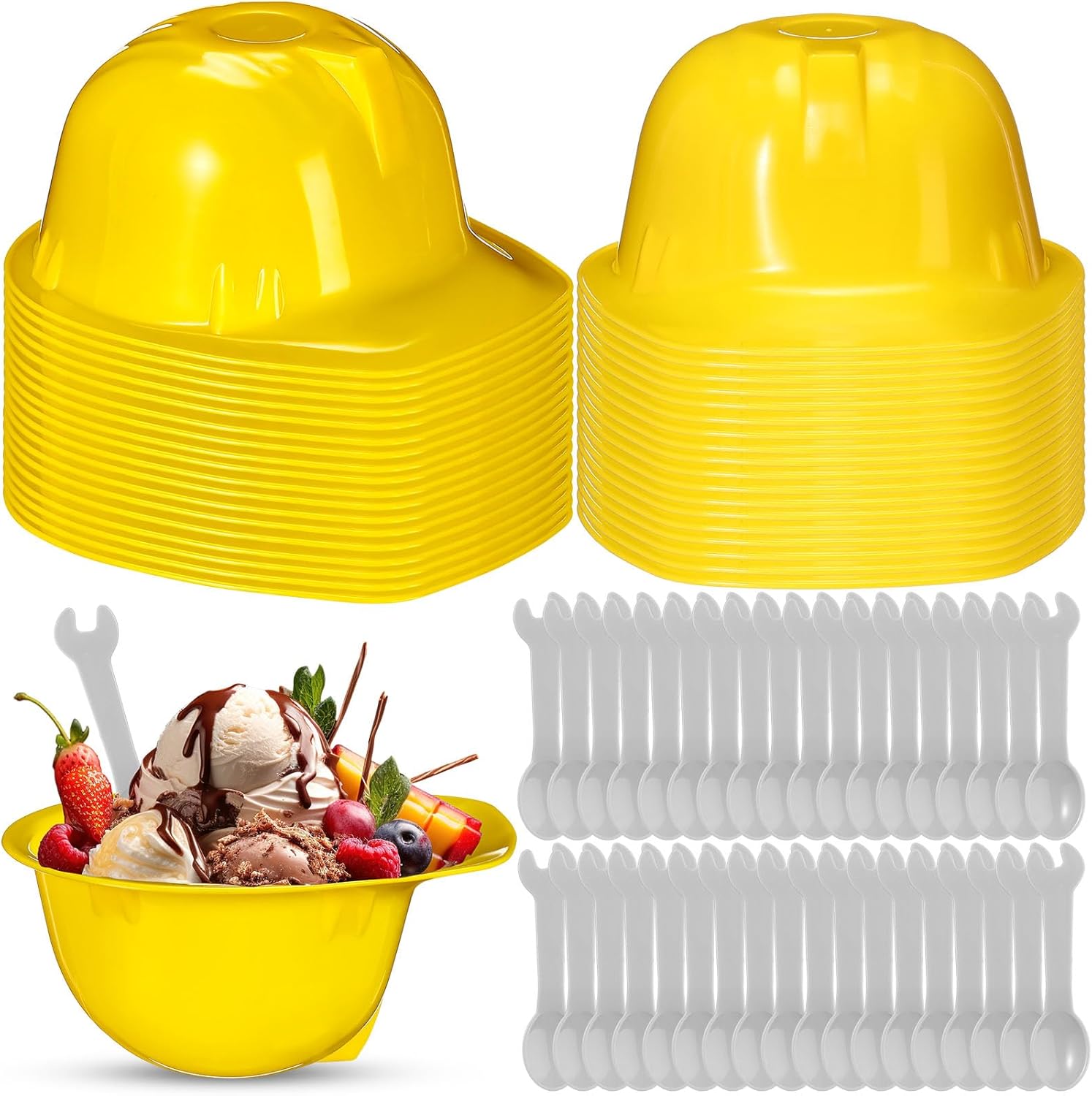 Uiifan 36 Sets Construction Hat Ice Cream Bowls Spoon Set Plastic Frozen Yogurt Cups with Spoons Engineering Helmet Ice Cream Bowl for Construction Theme Party Favor Gift (Yellow)
