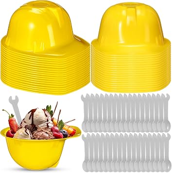 Uiifan 36 Sets Construction Hat Ice Cream Bowls with Spoon Set, Yellow
