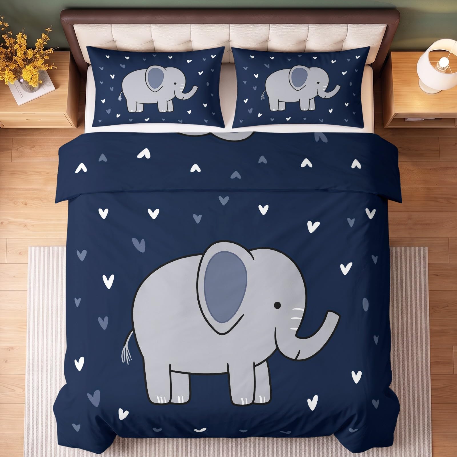 Bettwäsche 135x200 cm Kawaii minimal Elefant Herzen in Marineblau 2-teilig