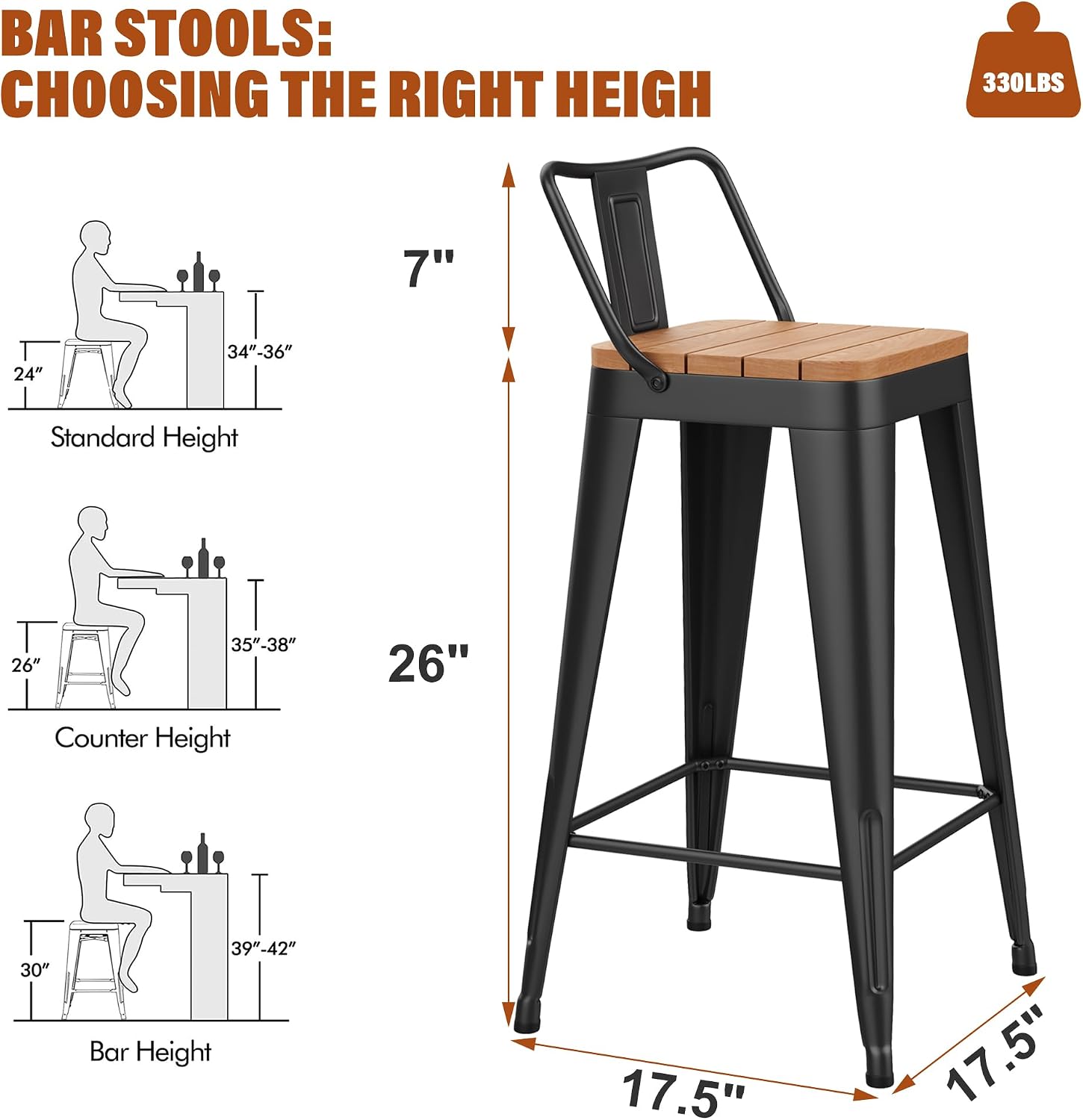 Outdoor Patio Bar Stools Set of 4 with Back,Arlunar Counter Height Industrial Metal Barstools with Removable Back 26" Kitchen Wooden Seat