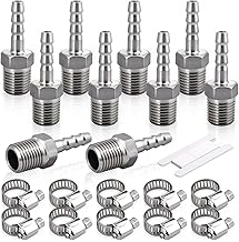 10pcs Stainless Steel Hose Barb Fittings, 1/8'' BSP Male x 8MM Barb Connector with 10pcs Clamps