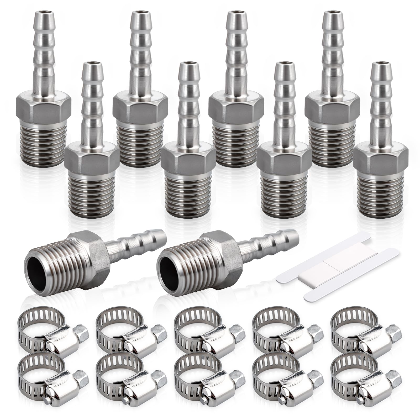 Raccords à Barbe En Inox - 10 Pièces Avec Pinces, Filetage BSP 1/2" X 6mm, Pour Outils Pneumatiques, Air <10 Bars