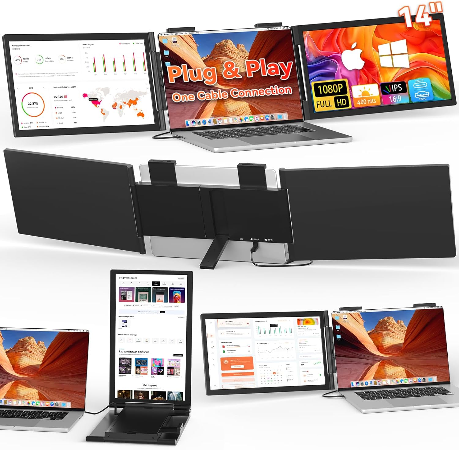 HotYeah Laptop Screen Extender, One Cable Connection (Windows & Mac), 14" 1080P Dual Portable Monitor, USB-C HDMI Wireless Travel Extended Display Triple Screen Monitor for 12-16.5" Laptop