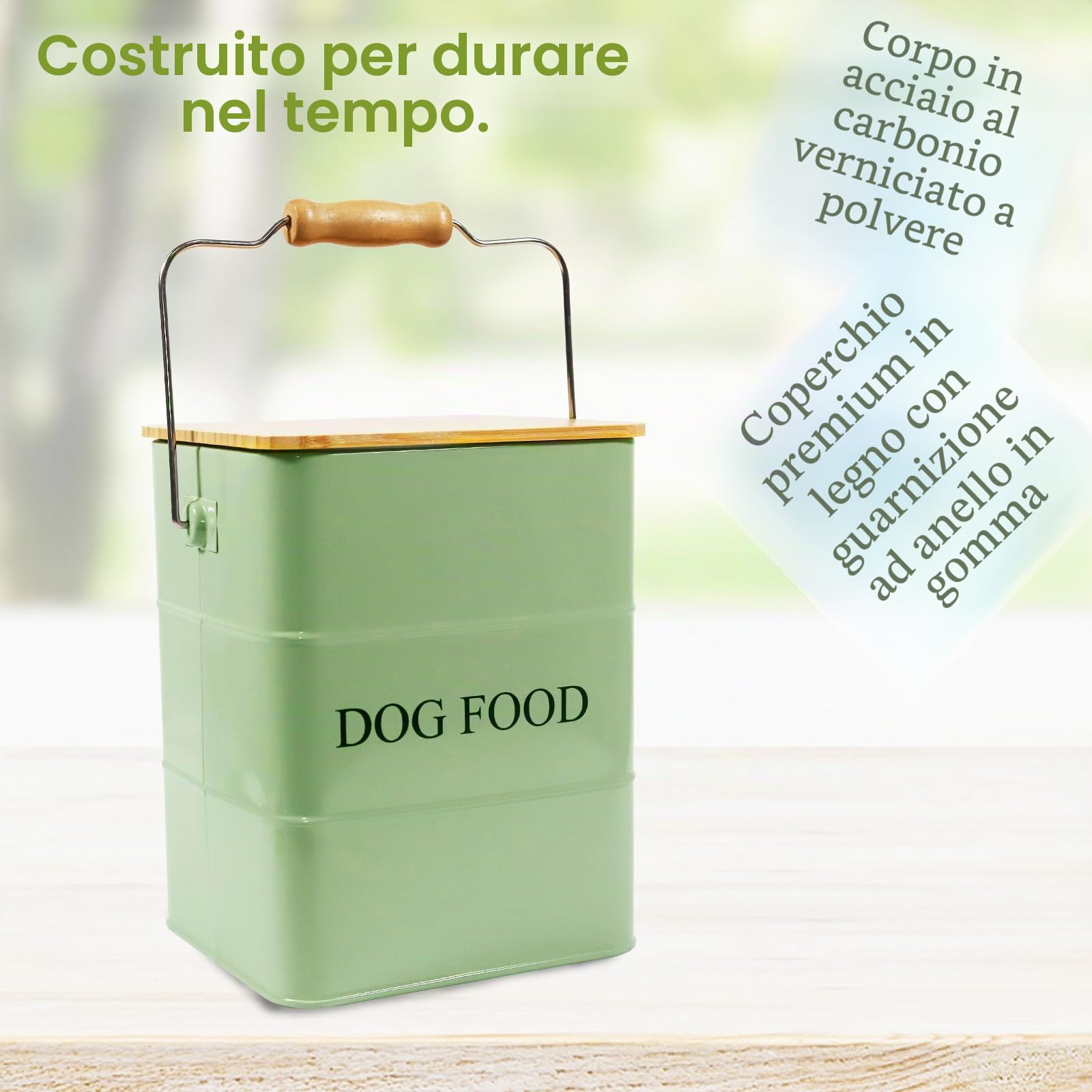 Contenitore per cibo per cani, in metallo, 6 l, con coperchio in legno, manico e pala, ermetico per cibo secco e snack, colore: verde militare