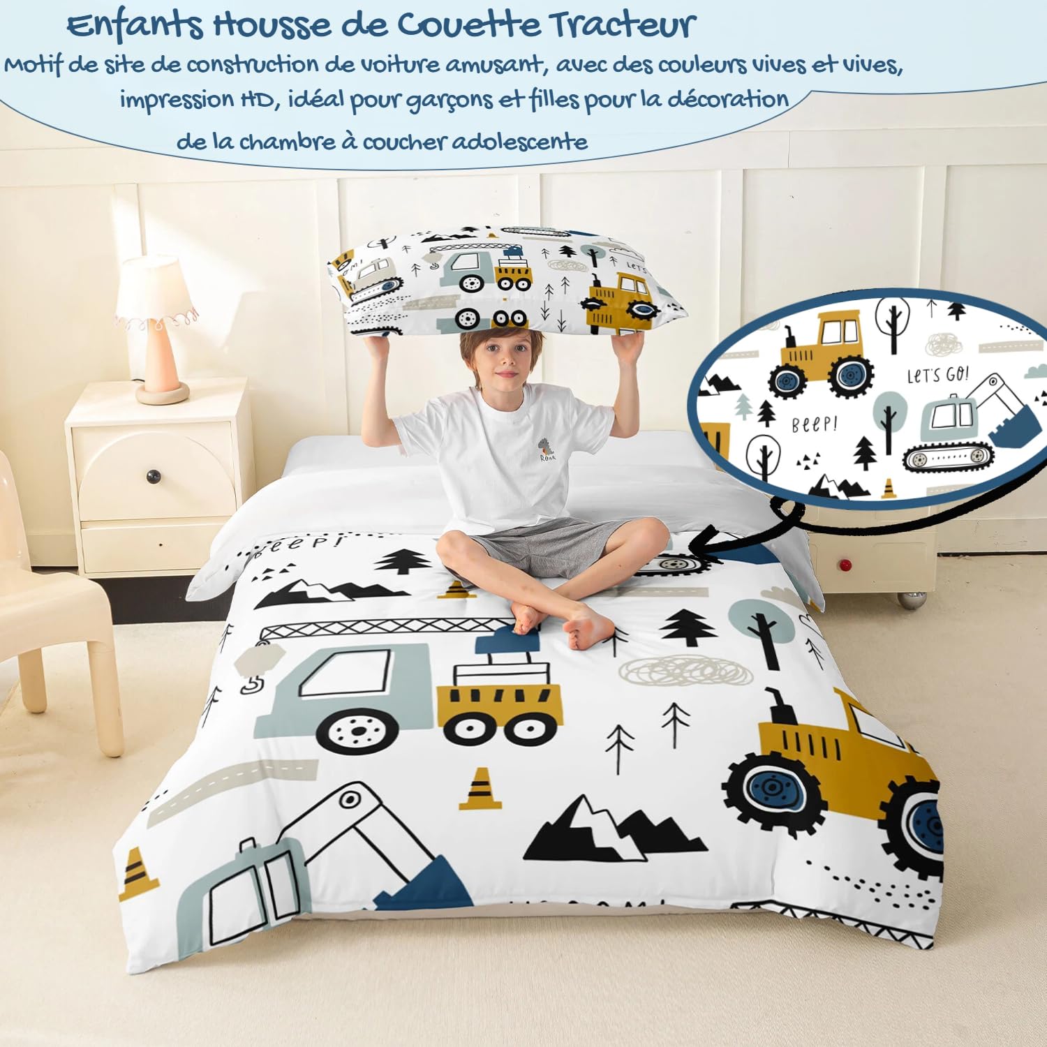 Ensemble de Literie de Voiture de Dessin Animé Ensemble de literie de Construction Housse de Couette 140x200cm Ensemble Enfants Garçon équipement camion Literie Excavatrice Tracteur Blanc Jaune