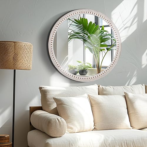Miniatura 3 de Espejo redondo decorativo de madera de 24 pulgadas con cuentas, espejos circulares rústicos para decoración de pared, sala de estar, entrada, baño