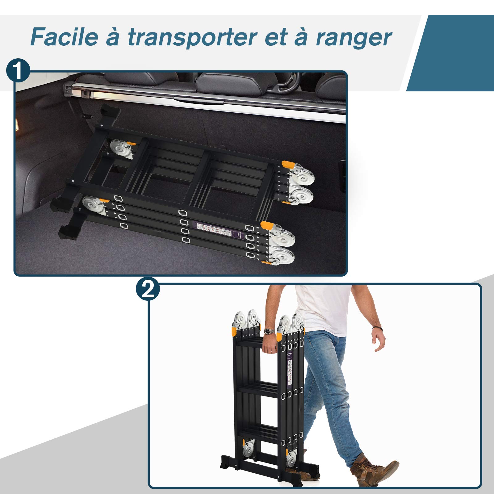 HOMCOM Échelle Aluminium Pliable Multifonction 5 Positions 3,7 m Noir | 12 Échelons, Certification NF EN131, Charge Max. 150 Kg