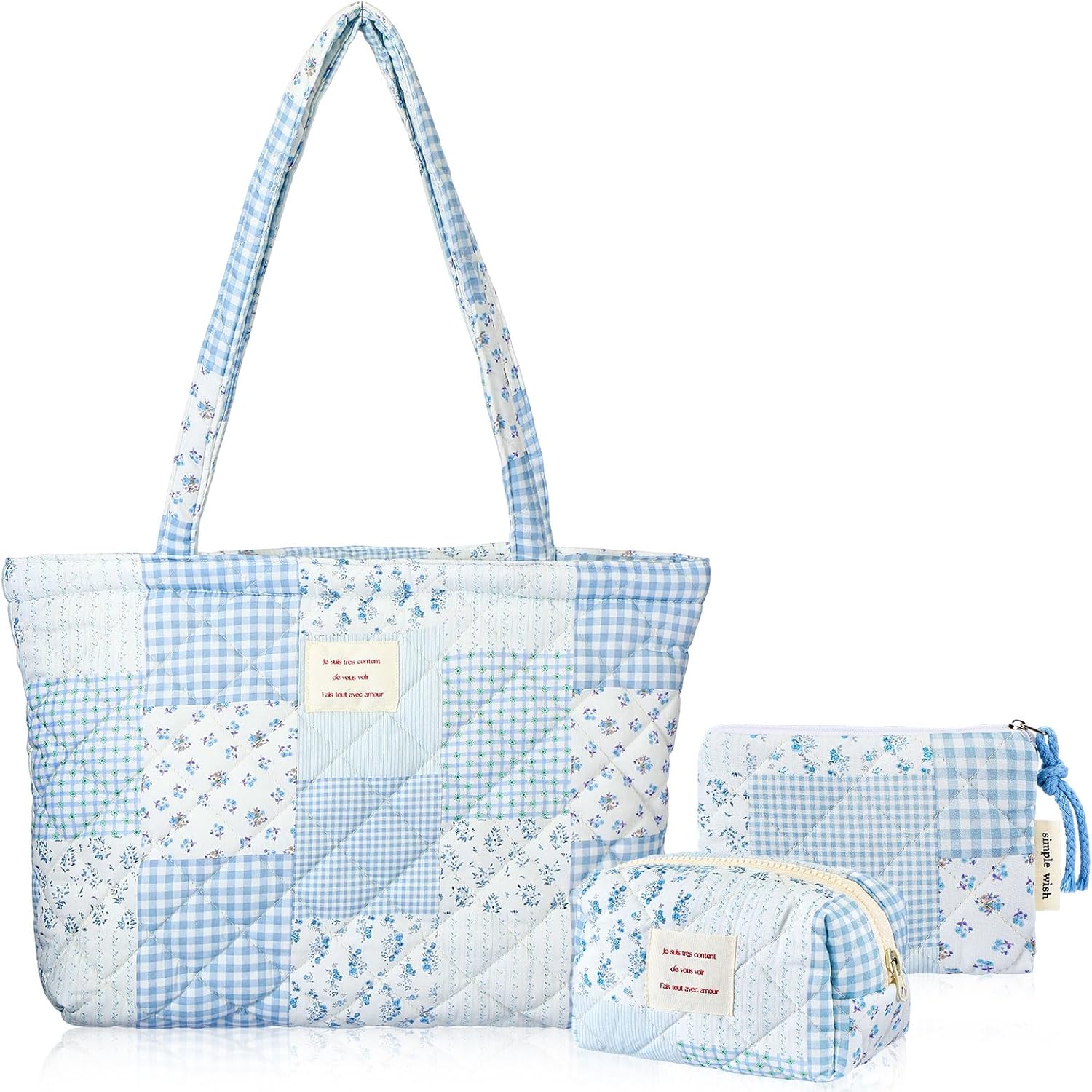 Tallew 3 Pcs Quilted Tote Bag Set for Women Floral Cotton Shoulder Bag Makeup Cosmetic Pouch Coin Purse Coquette Aesthetic Bag for Work Travel Gifts for Women Girls Mother's Day Birthday(Blue Patch)