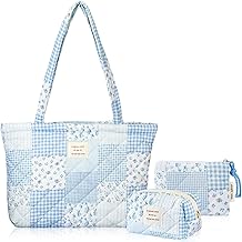 Tallew 3 Pcs Quilted Tote Bag Set for Women Floral Cotton Shoulder Bag Makeup Cosmetic Pouch Coin Purse Coquette Aesthetic Bag for Work Travel Gifts for Women Girls Mother's Day Birthday(Blue Patch)