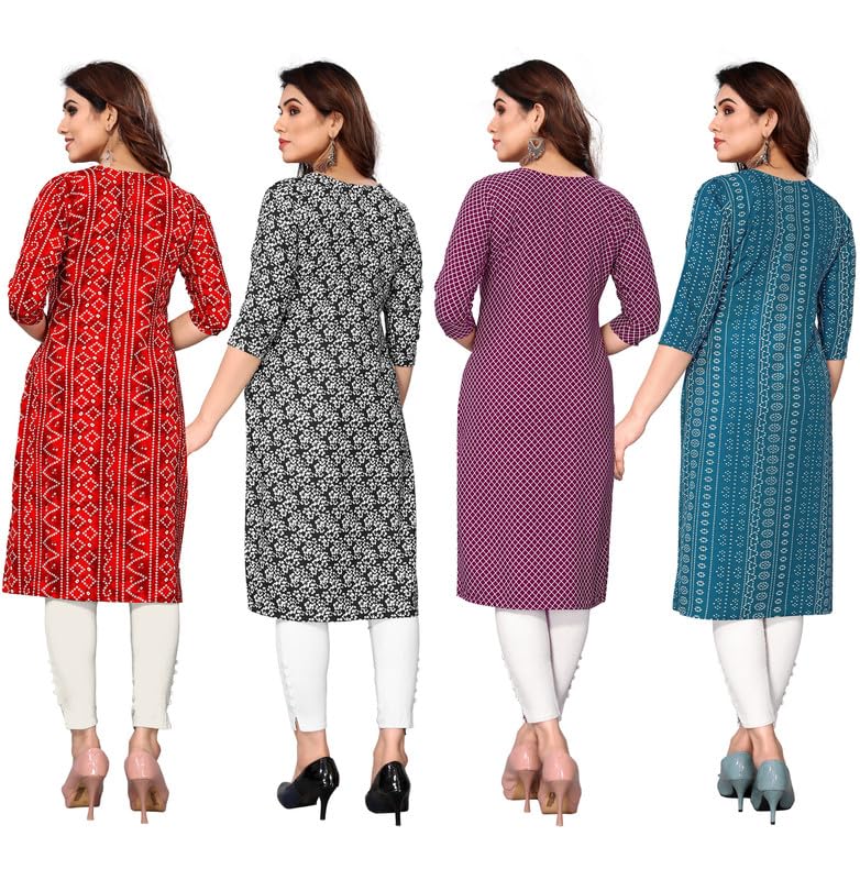 Image of JAKHANA Women's Crepe Printed Casual Straight Calf Length Round Nick Kurta Pack of 4