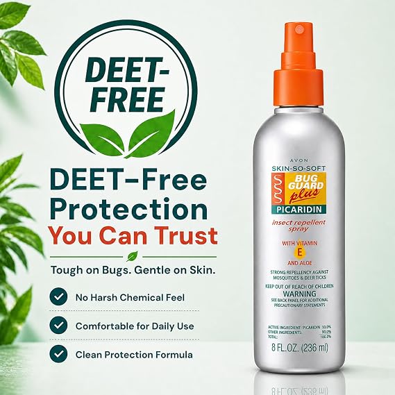 AVON Skin So Soft Bug Guard Plus Picaridin Insect Repellent Spray Long-Lasting, DEET-Free Family Size Pump Spray with Vitamin E & Aloe Non-Greasy, Travel-Ready Bug Repellent for Families, 8 fl oz
