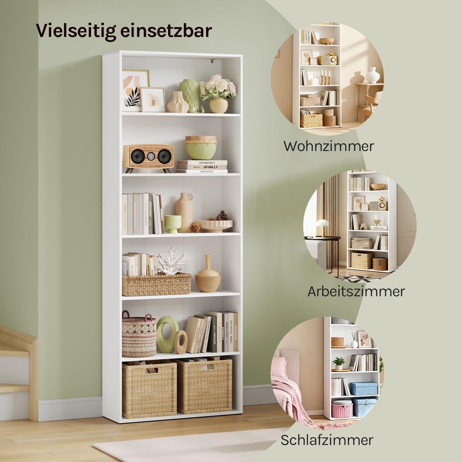 WOLTU Bücherregal, Regal mit 6 verstellbaren Ebenen, offenes Standregal, Raumteiler stehend, Aufbewahrungsregal für Wohnzimmer, Büro, Schlafzimmer, 60x180x23,5 cm, weiß，SK052ws