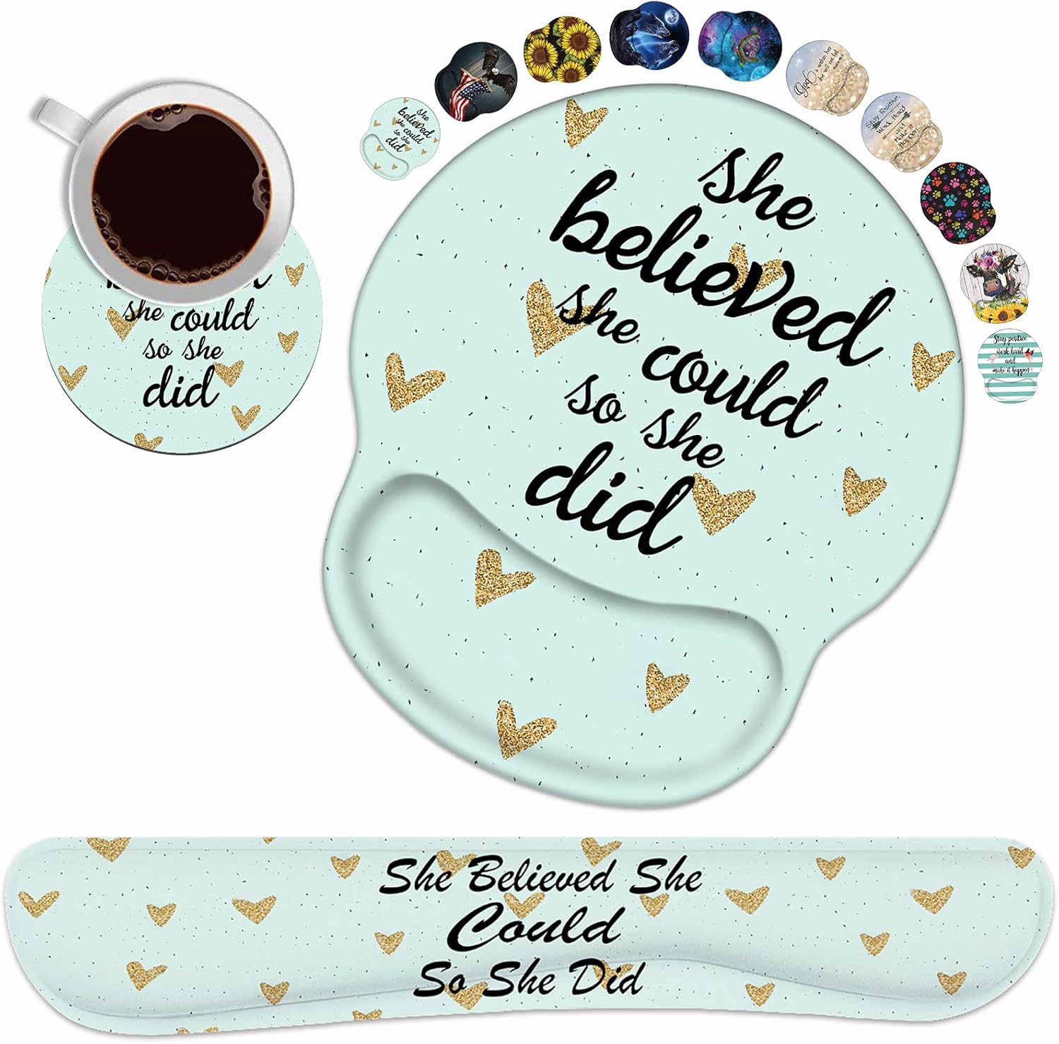 Keyboard Wrist Rest and Mouse Pad Wrist Rest Support Set with Coasters, She Believed She Could So She Did Inspirational Quote Wrist Mouse Pad with Non-Slip PU Base for Computer Laptop Home Office