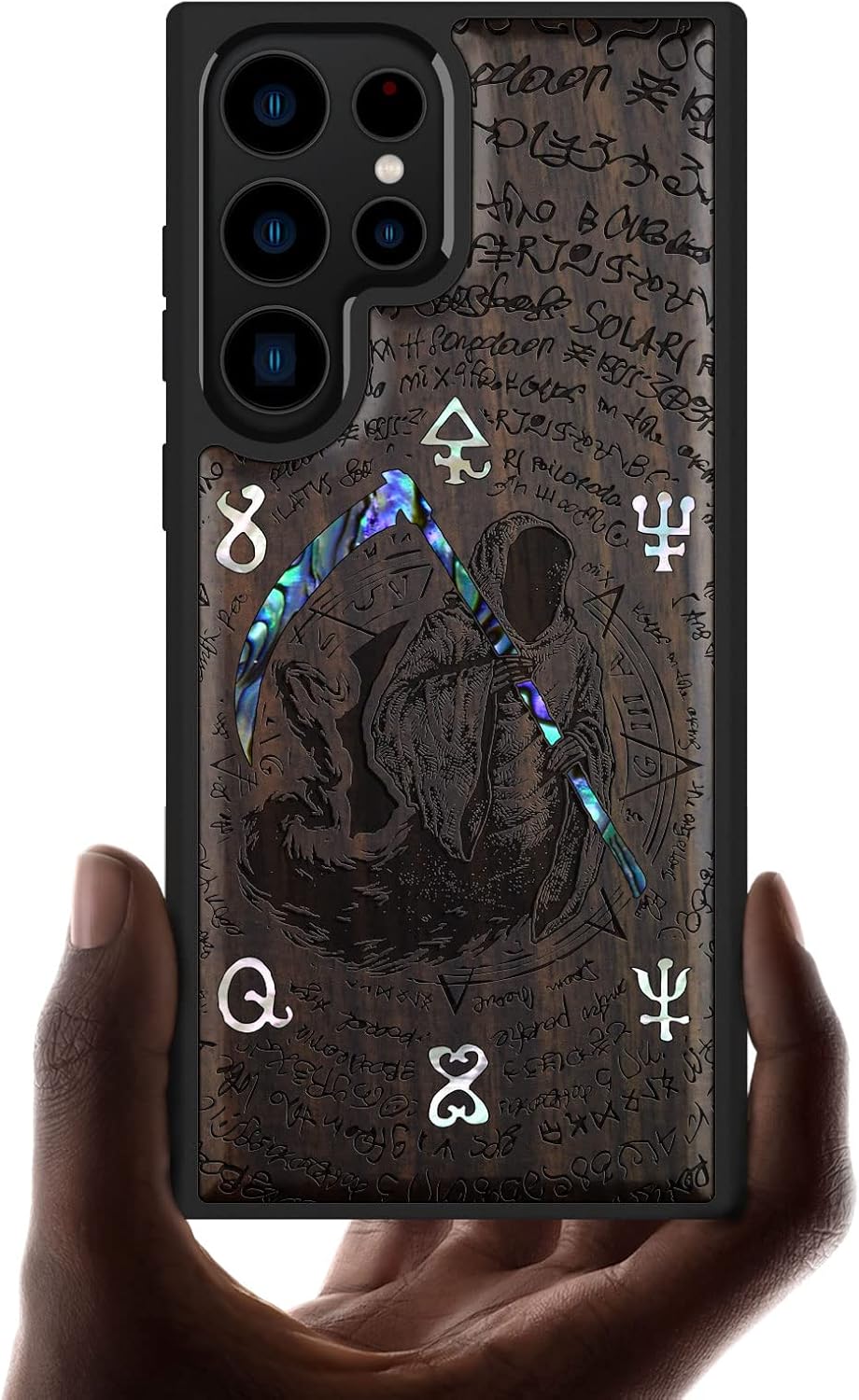 Carveit Designer Wooden Case for Samsung Galaxy S23 Ultra Cover [Wood Engraving & Shell Inlay] Wood Phone Case Compatible with Wireless Chargers Galaxy S23 Ultra Case (Grim Reaper-Blackwood)
