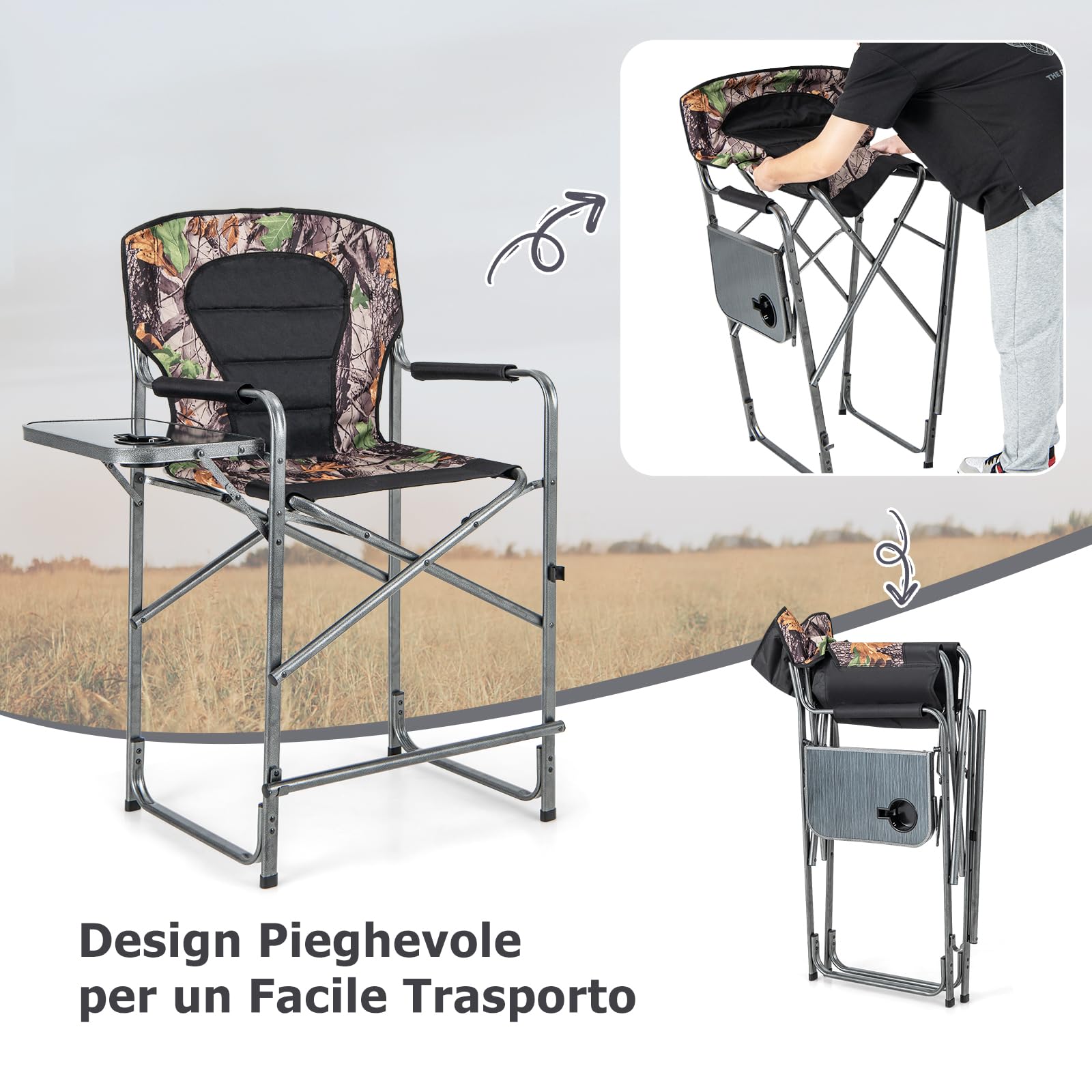 GYMAX Sedia da Caccia Pieghevole con Schienale Reclinabile, Braccioli Imbottiti in Schiuma e Poggiapiedi Rimovibile, Sedia da Campeggio con Struttura a Croce Alta, Capacità di Peso 150KG