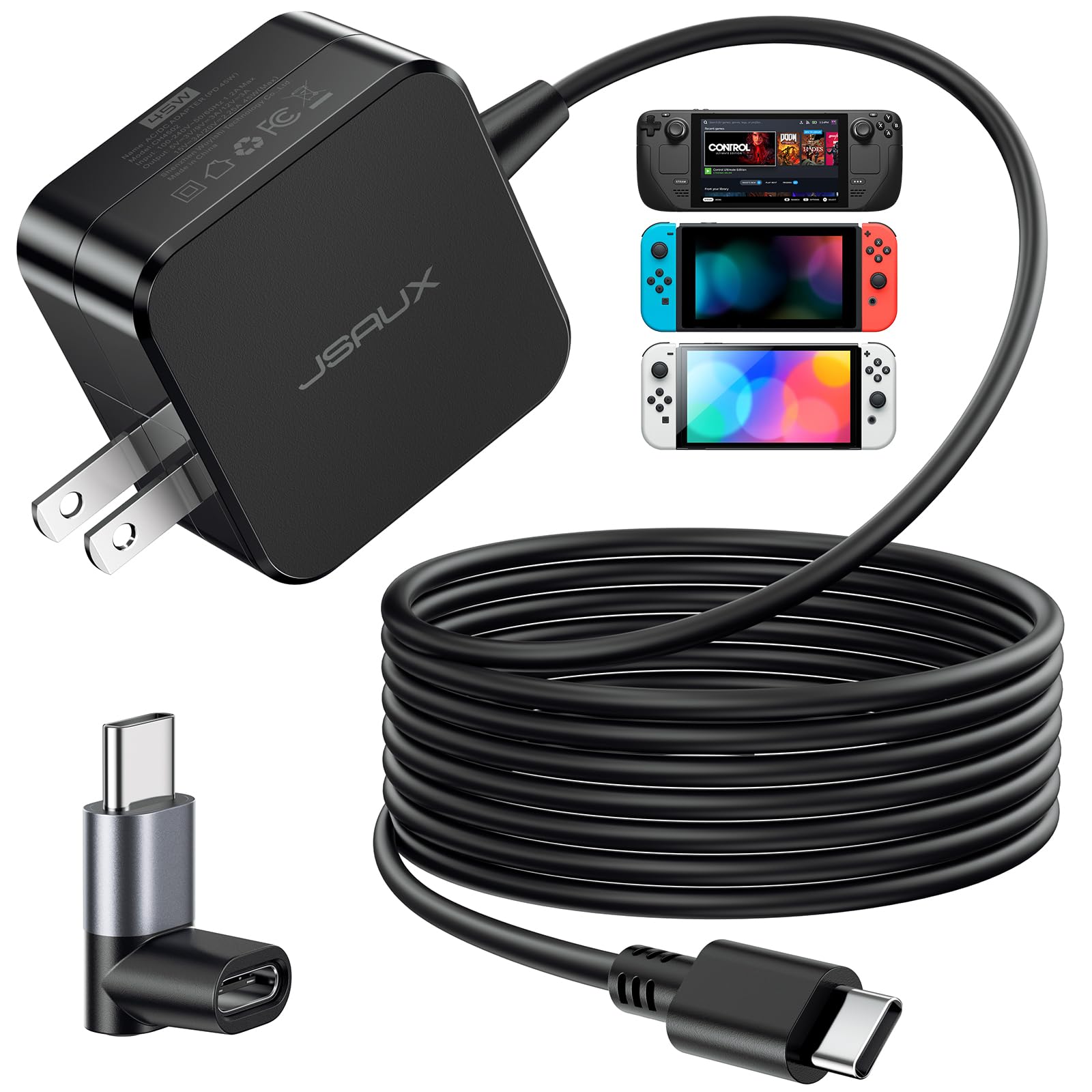 JSAUX 45W USB C Charger for Steam Deck/OLED, 10FT Cable Type C PD 3.0 45 Watt Fast Charging Compatible with Steam Deck, Switch/OLED, iPhone Air/17/16/15, Samsung S25 S24 S23 S22, Pixel, iPad, MacBook